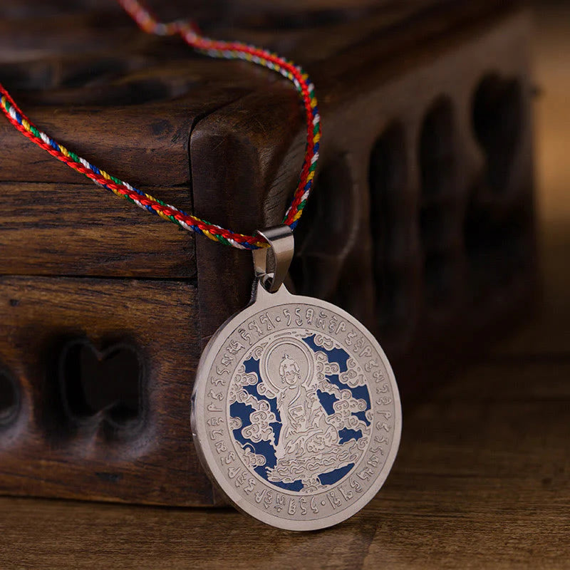 Buddha Stones Blue Medicine Buddha Heart Mantra Titanium Steel Faith Colored Rope Necklace Pendant