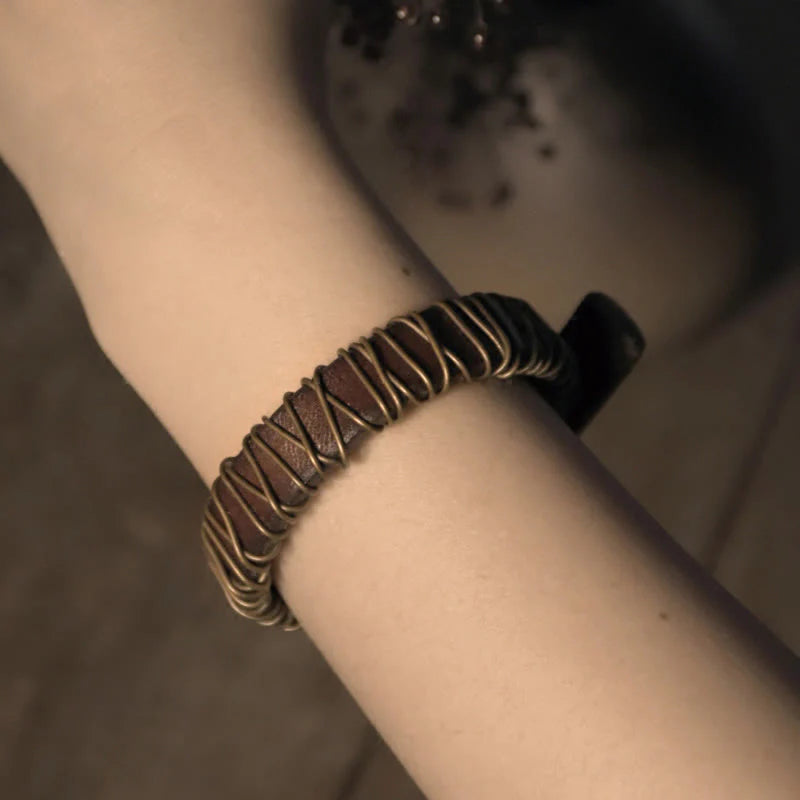 Buddha Stones Vintage Leather Copper Brass Wire Wrap Balance Bracelet