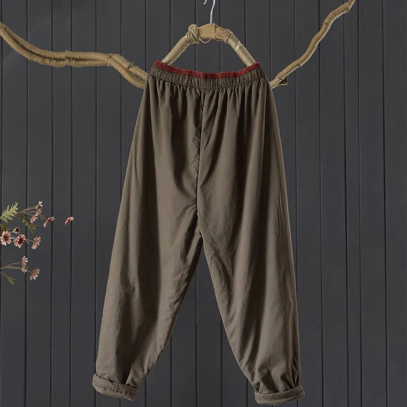 Buddha Stones Plain Color Blocking Cotton Polyester Thick Women's Pants With Pockets