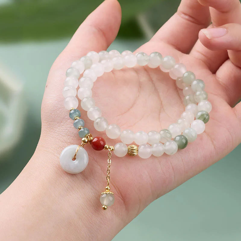 Buddha Stones Jade Peace Buckle Luck Abundance Double Wrap Bracelet