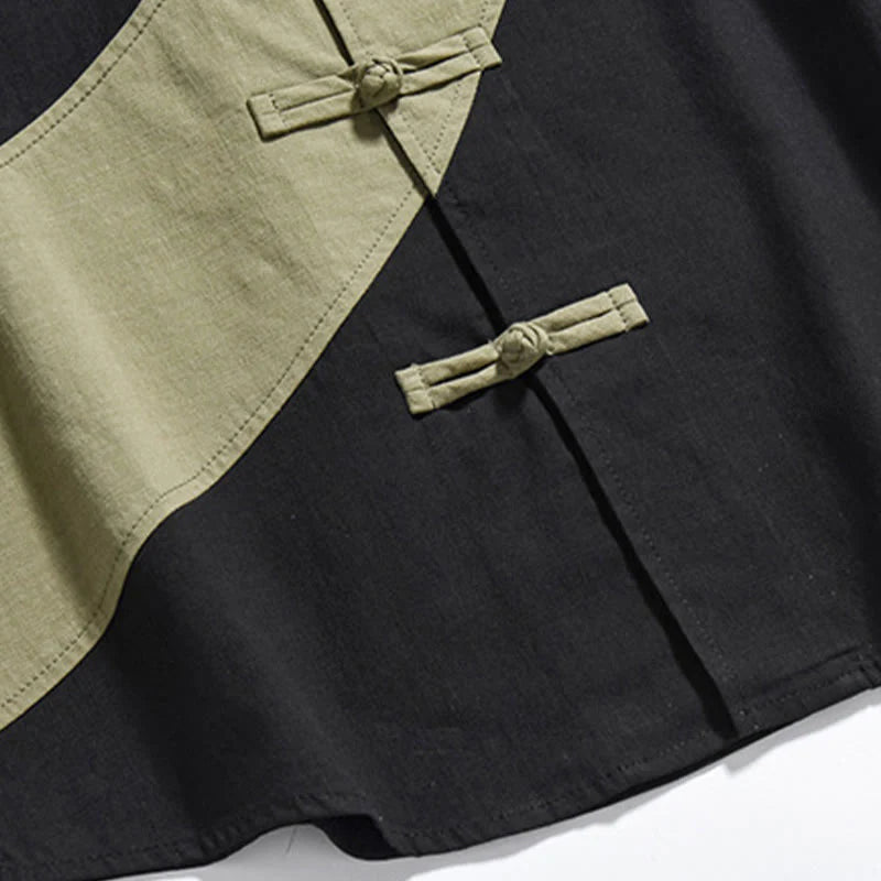 Buddha Stones Spring Color Contrast Chinese Frog-Button Design Men's Half Sleeve Cotton Linen Shirt