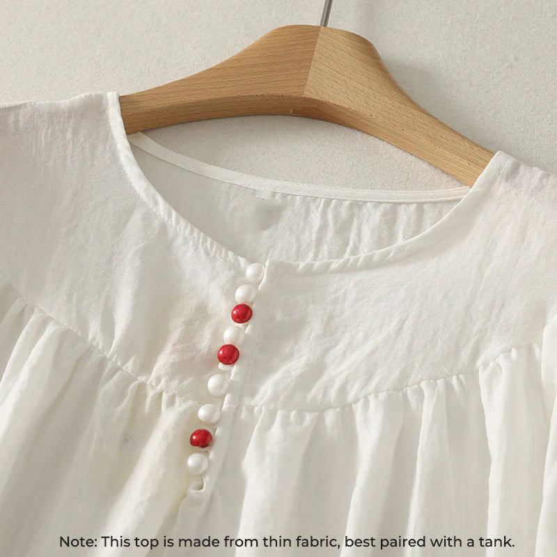 Buddha Stones White Buttons Ruffled Long Sleeve Women's Cotton Shirt