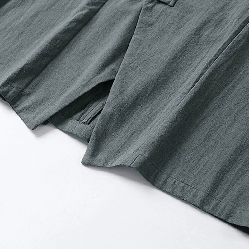 Buddha Stones Plain One Chinese Frog-Button Jacket Cotton Linen Men's Half Sleeve Kimono