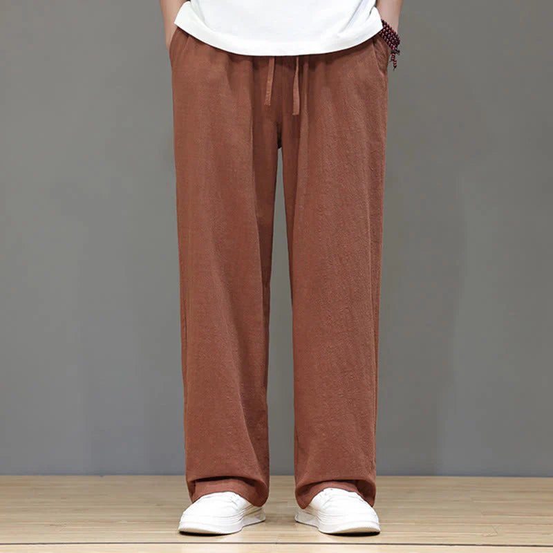Buddha Stones Summer Men's Cotton Linen Straight Leg Pants With Pockets