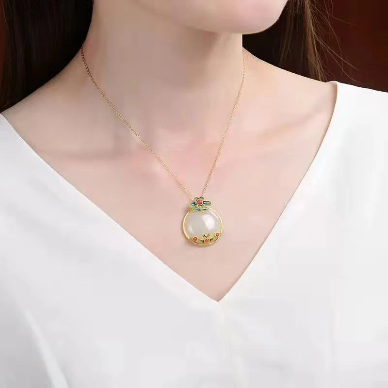 Buddha Stones White Jade Red Agate Flower Blessing Luck Necklace Pendant