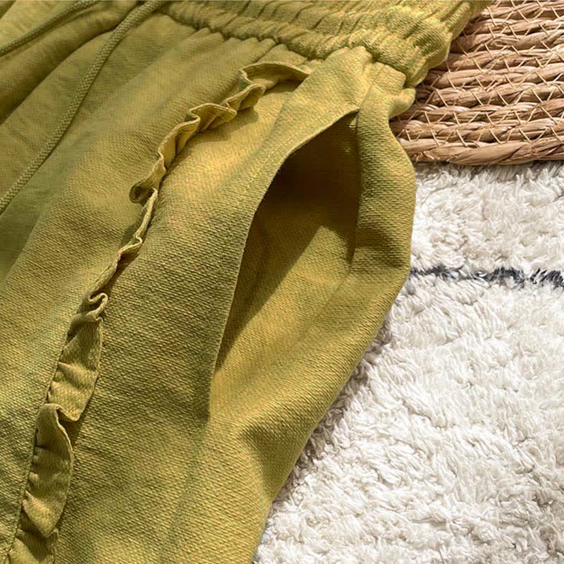 Buddha Stones Summer Drawstring Ruffle Elastic Waist Women's Shorts With Pockets