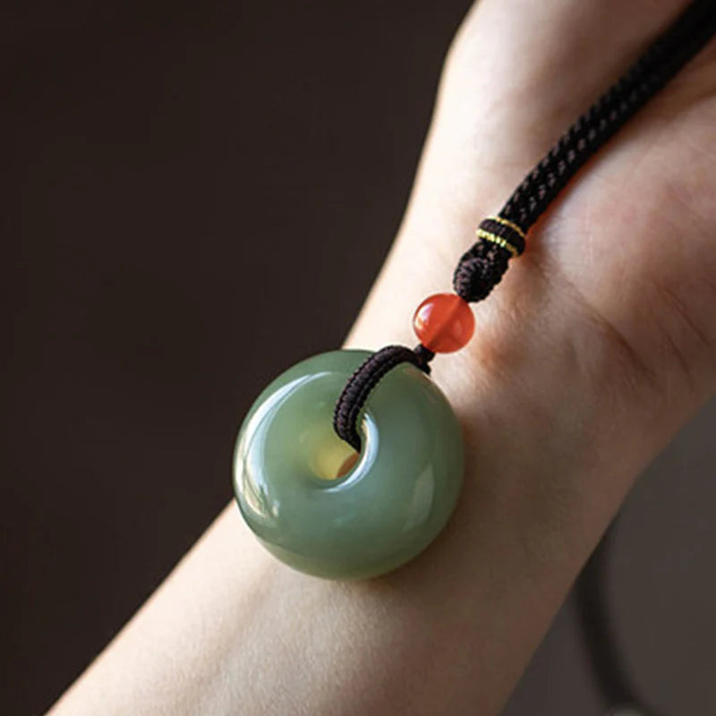 Buddha Stones Natural Round Jade Gray Jade Peace Buckle Luck Necklace Pendant