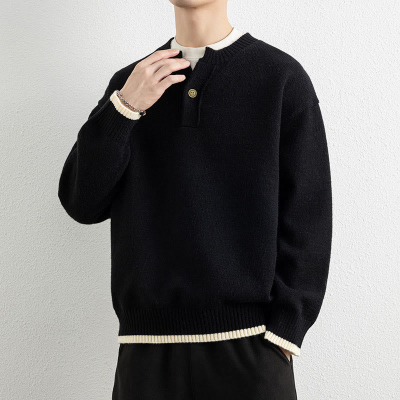 Buddha Stones Winter V-Neck One Button Design Warm Men's Long Sleeve Knitted Sweater