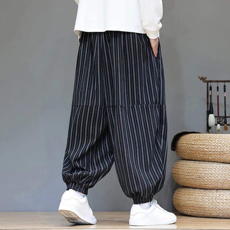 Buddha Stones Fall Striped Pattern Drawstring Men's Harem Corduroy Pants With Pockets