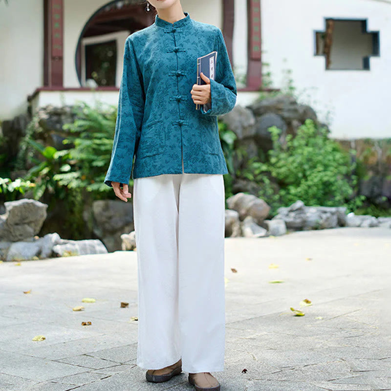 Buddha Stones Frog-Button Long Sleeve Cotton Jacquard Women's Shirt Pants With Pockets