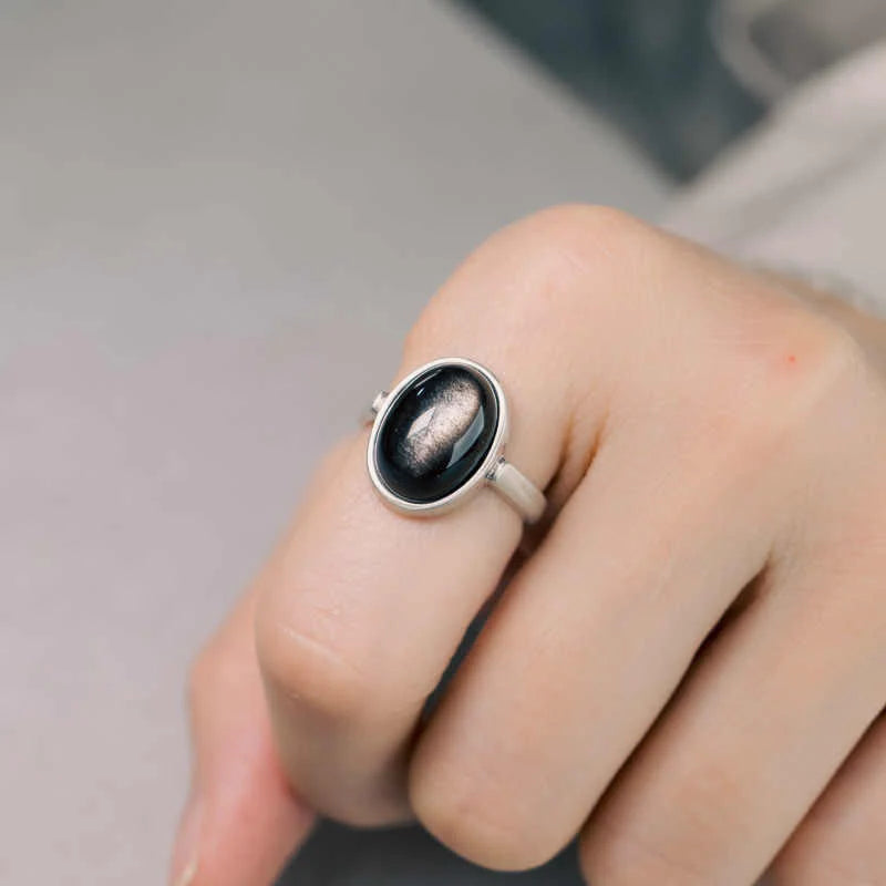 Buddha Stones Natural 925 Sterling Silver Silver Sheen Obsidian Adjustable Protection Ring