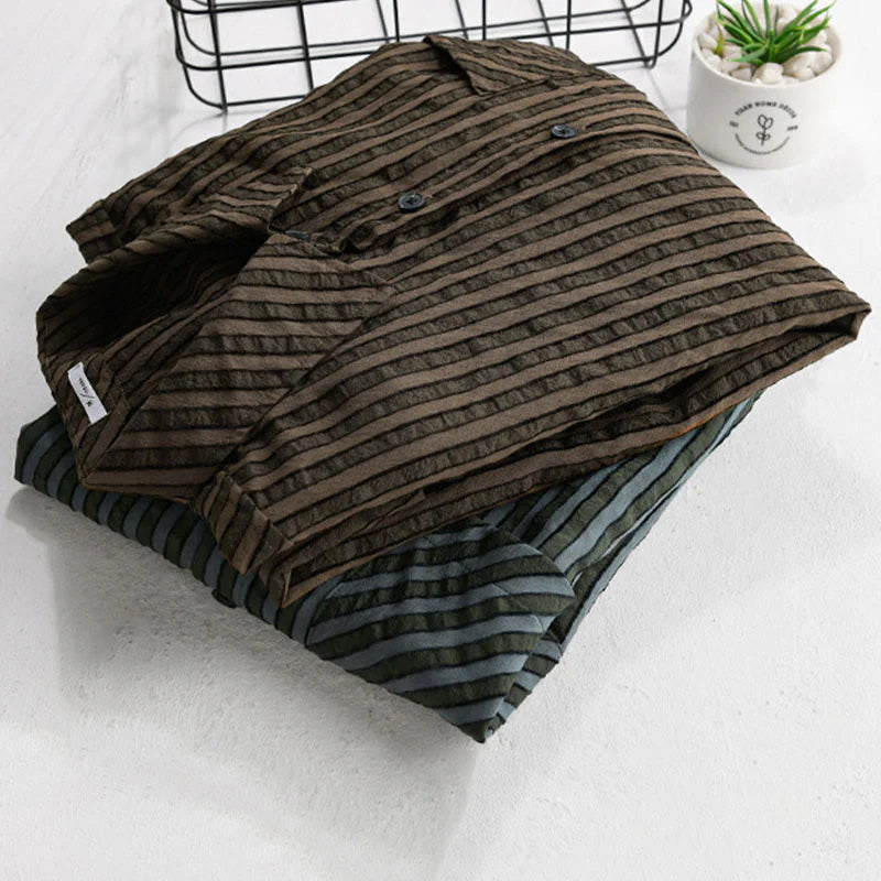 Buddha Stones Vintage Striped Buttons Down Stand Collar Long Sleeve Men's Cotton Shirt