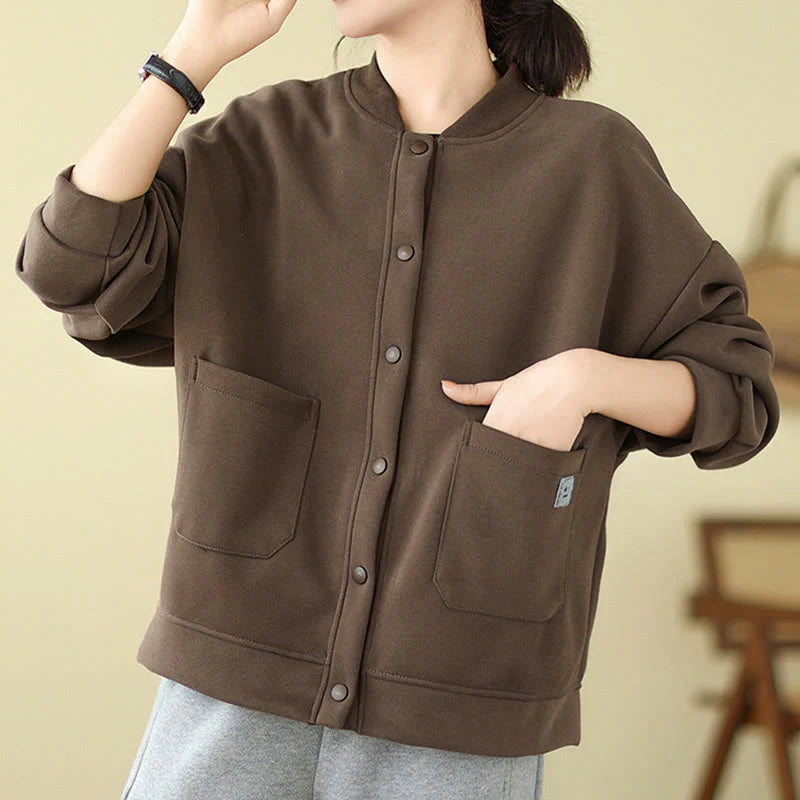 Buddha Stones Plain Women's Buttons Crew Neck Long Sleeve Cotton Jacket With Pockets