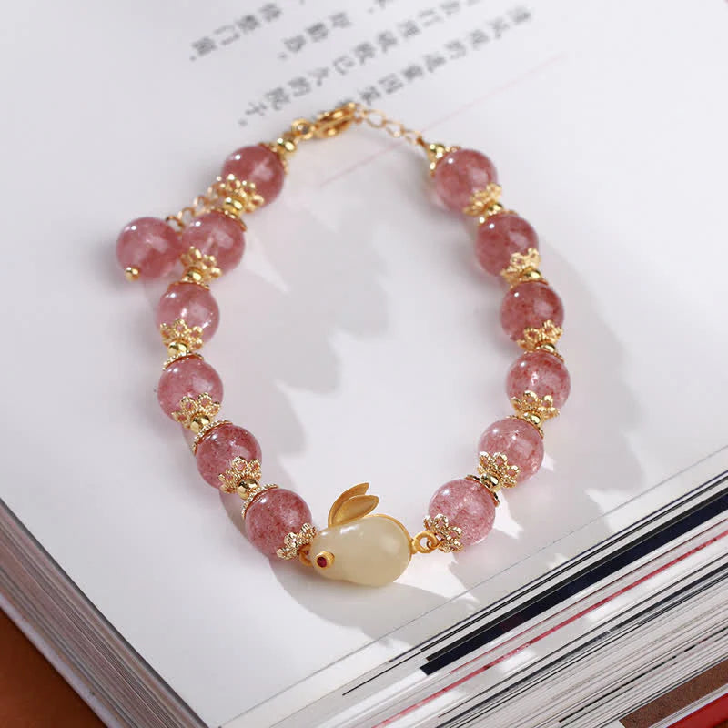 Buddha Stones 925 Sterling Silver Strawberry Quartz Year of the Rabbit Hetian Jade Moonstone Healing Bracelet (Extra 35% Off | USE CODE: FS35)
