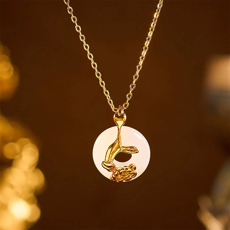 Buddha Stones 925 Sterling Silver Peony Peace Buckle Hetian White Jade Blessing Necklace Pendant