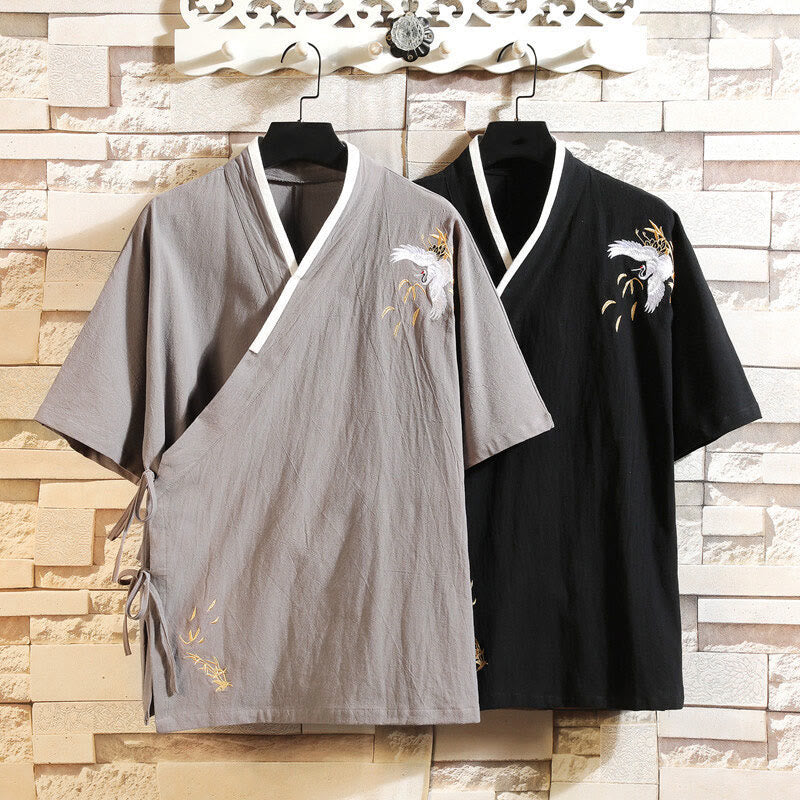 Buddha Stones Tang Suit Embroided Crane Pattern Lace-Up Side Men's Cotton Linen Short Sleeve T-Shirt