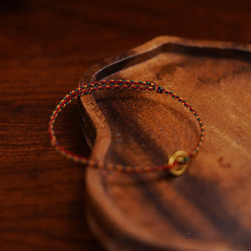 Buddha Stones Handmade Copper Coins Charm Connection Braided String Adjustable Bracelet Anklet
