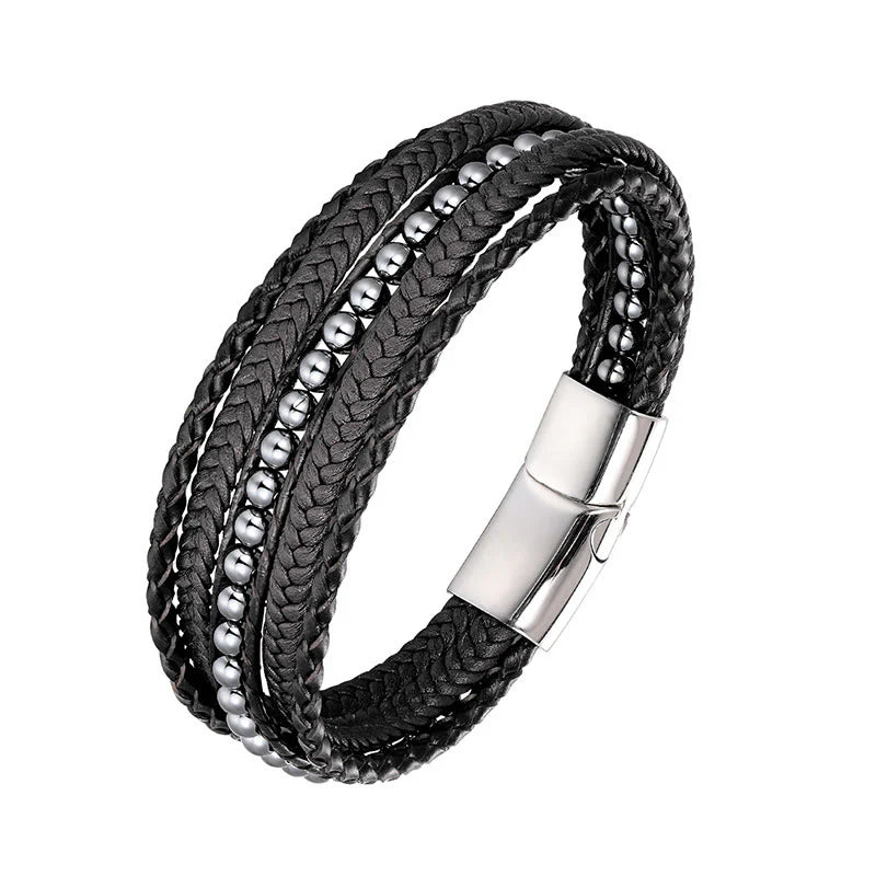 Buddha Stones Hematite Indian Agate Tiger Eye Amazonite Beaded Leather Strengthen Bracelet