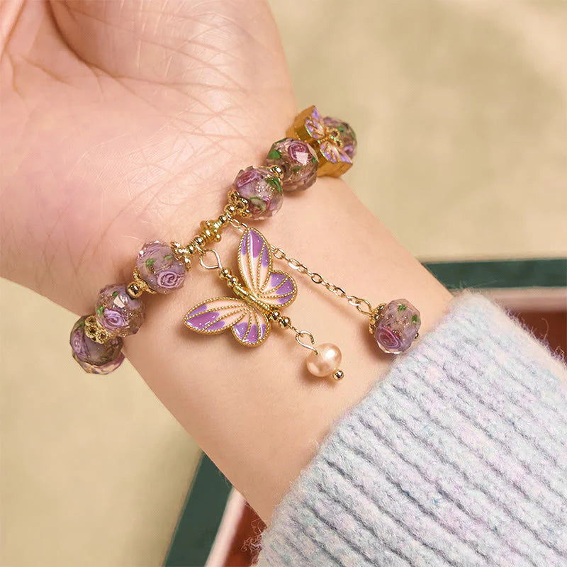 Buddha Stones Double Butterflies Charm Flower Liuli Glass Beaded Love Bracelet