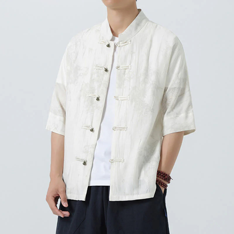 Buddha Stones Summer Pine Needles Pattern Short Sleeve Frog-Button Design Men's Shirt