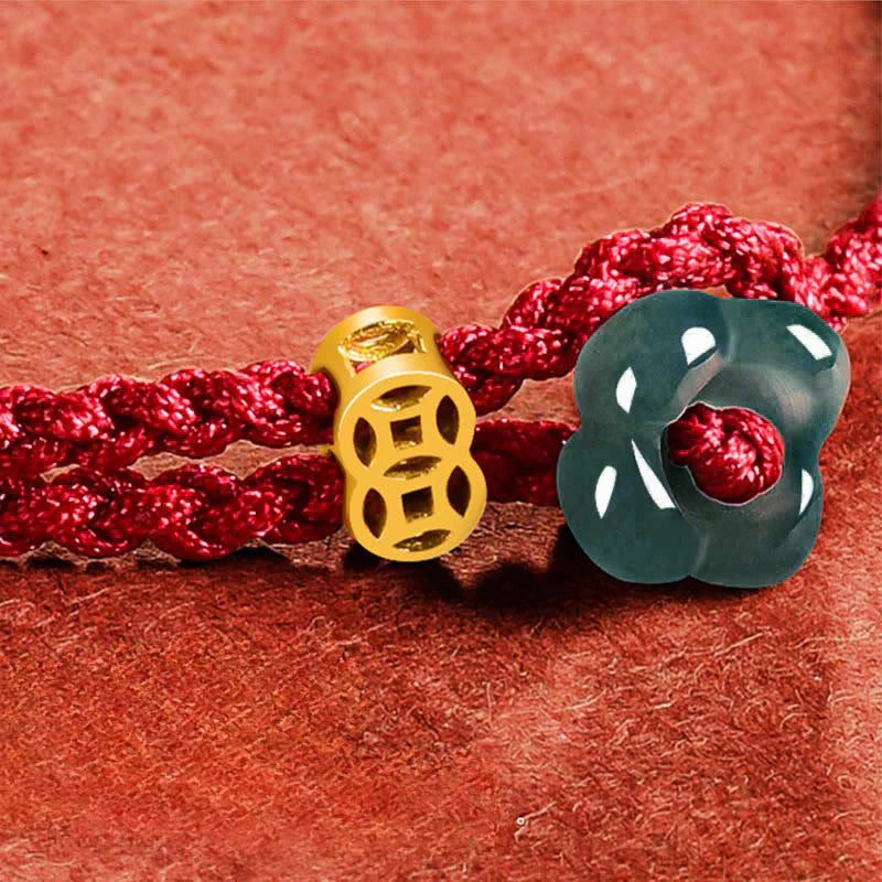 Buddha Stones Jade Flower Luck Copper Coin Red String Bracelet