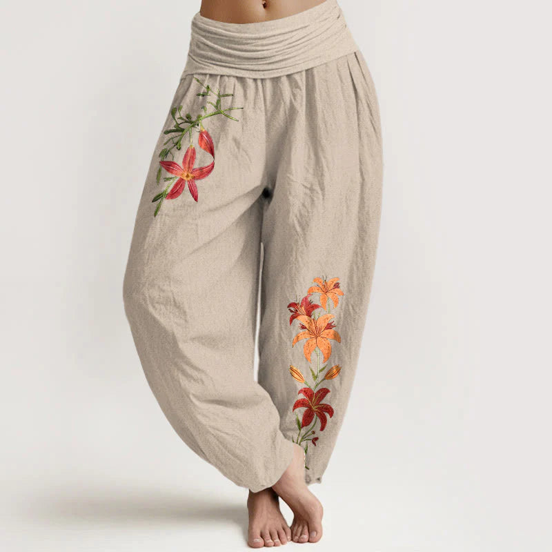 Buddha Stones Pure Cotton Brightly Colored Lilies Five-Petaled Flower Pattern Women's Elastic Waist Harem Pants