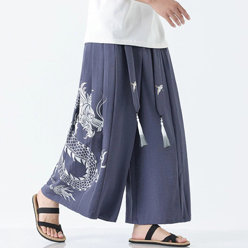 Buddha Stones Summer Dragon Drawstring Design Cotton Ankle-Length Men's Wide Leg Pants With Pockets