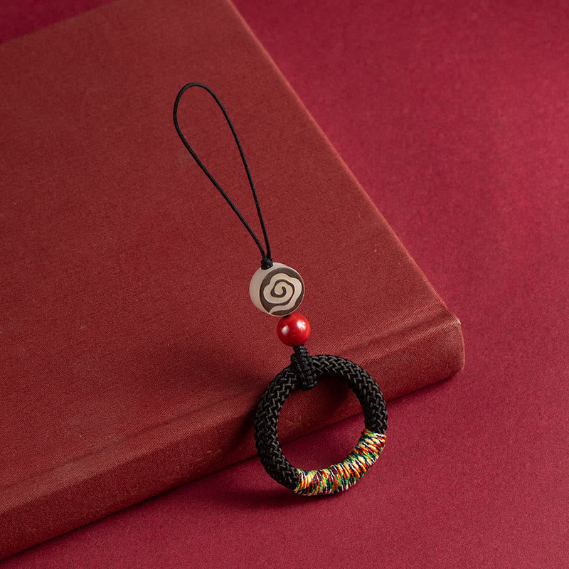 Buddha Stones Handwoven Colorful Thread String Buckle Ivory Fruit Cinnabar Key Chain Phone Hanging Decoration
