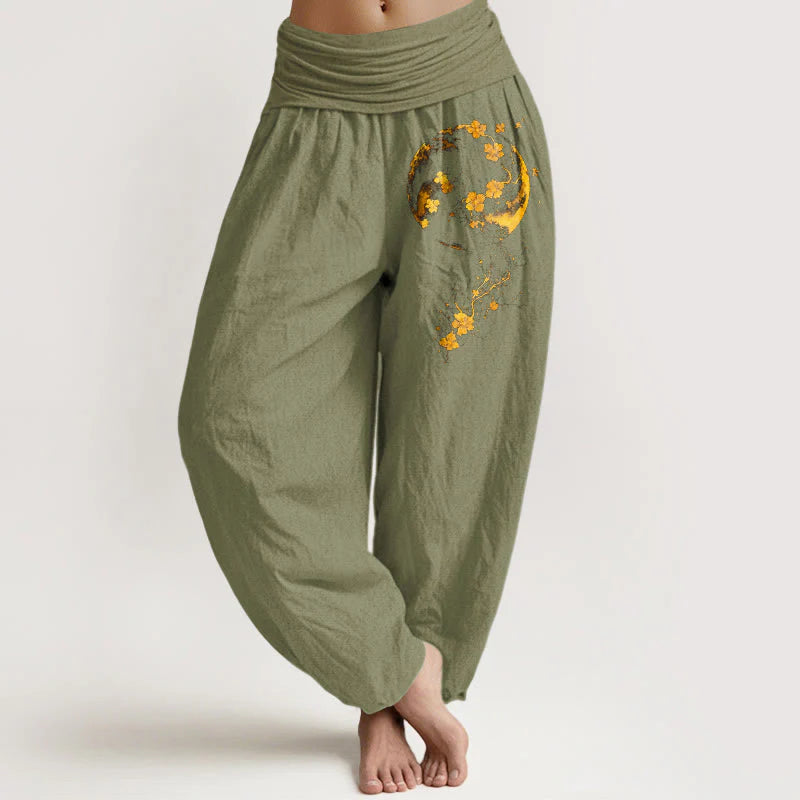 Buddha Stones Pure Cotton Brightly Colored Moon Flower Vine Pattern Women's Elastic Waist Harem Pants