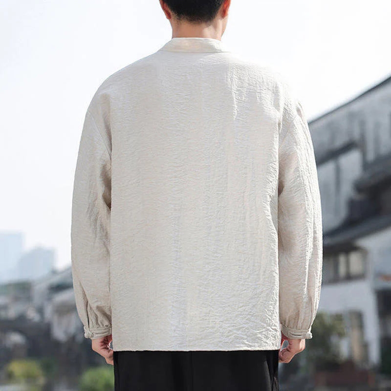 Buddha Stones Two Frog-Button Stand Collar Long Sleeve Men's Cotton Shirt
