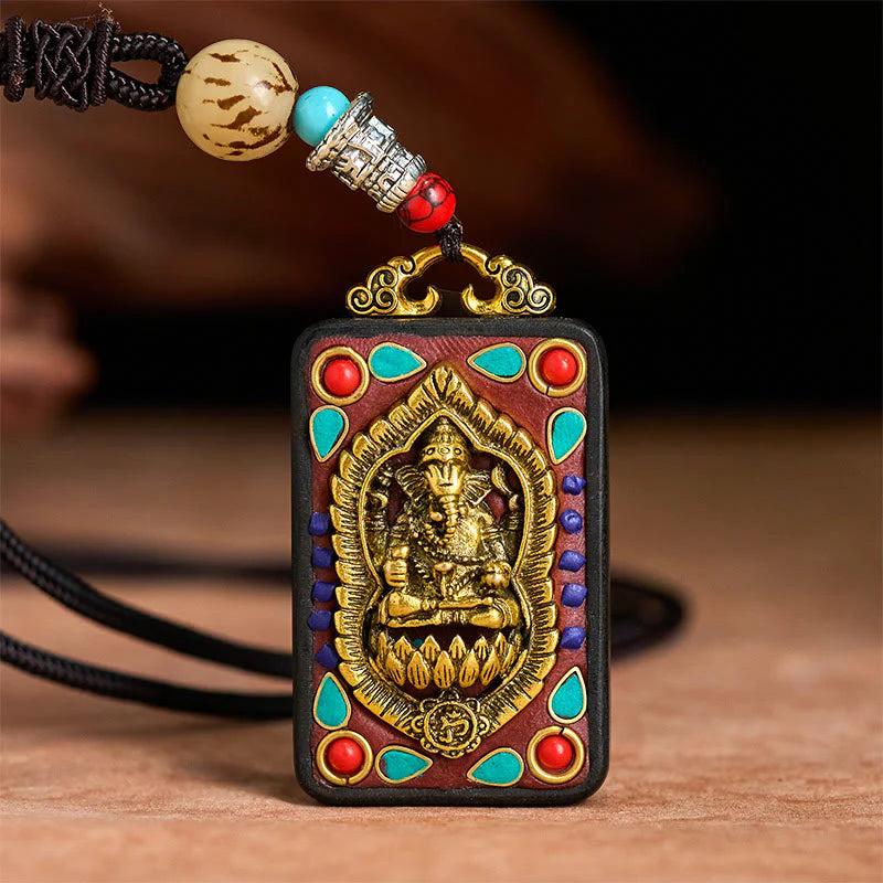 Buddha Stones Tibetan Ganesh Ganpati Elephant Ebony Wood Rope Peace Necklace Pendant