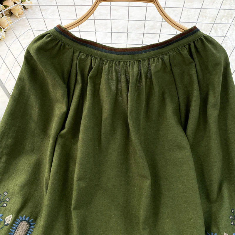 Buddha Stones Casual Embroidery Flower Leaf Pattern Women's Cotton Linen Round Neck T-shirt