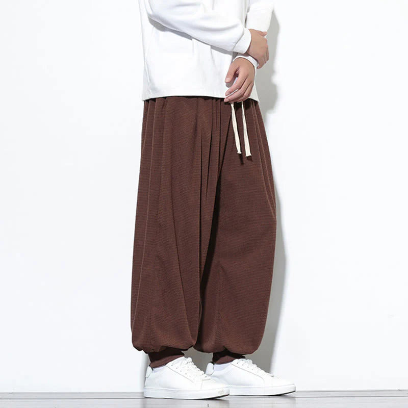 Buddha Stones Fall Plain Drawstring Simple Design Men's Harem Cotton Corduroy Pants With Pockets