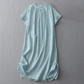 Buddha Stones Casual Pure Color Back Buttons Design Crew Neck Short Sleeve Cotton Linen Midi Dress With Pockets