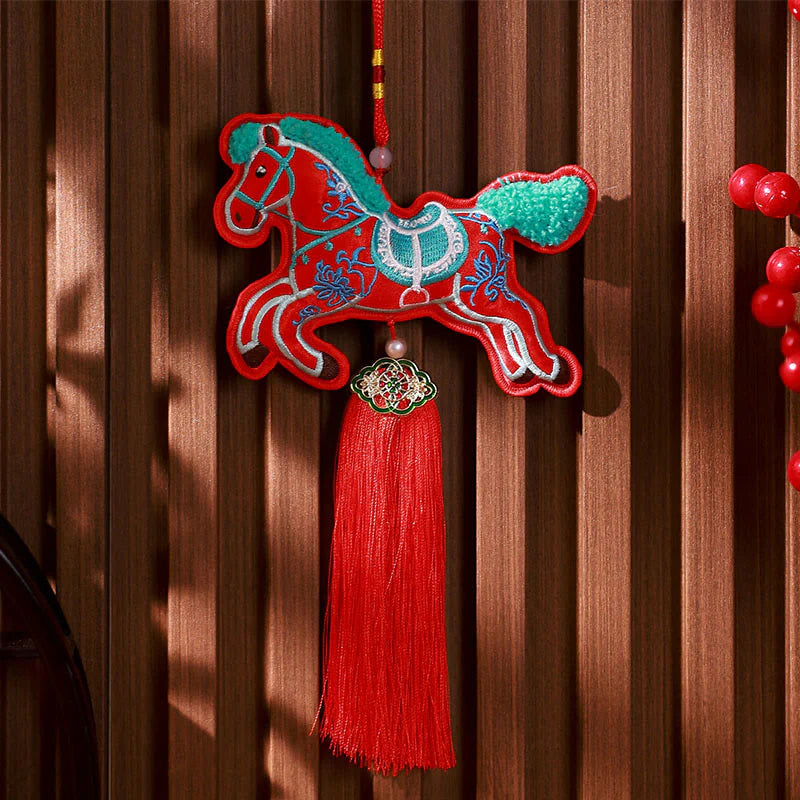 Buddha Stones Year Of The Horse Embroidery Bell Tassel Hanging Decoration