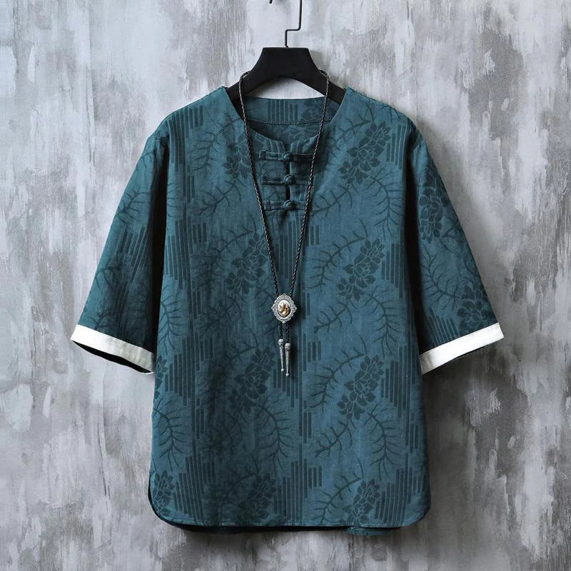 Buddha Stones Summer Floral Pattern Frog-Button Half Sleeve Cotton Men's Shirt