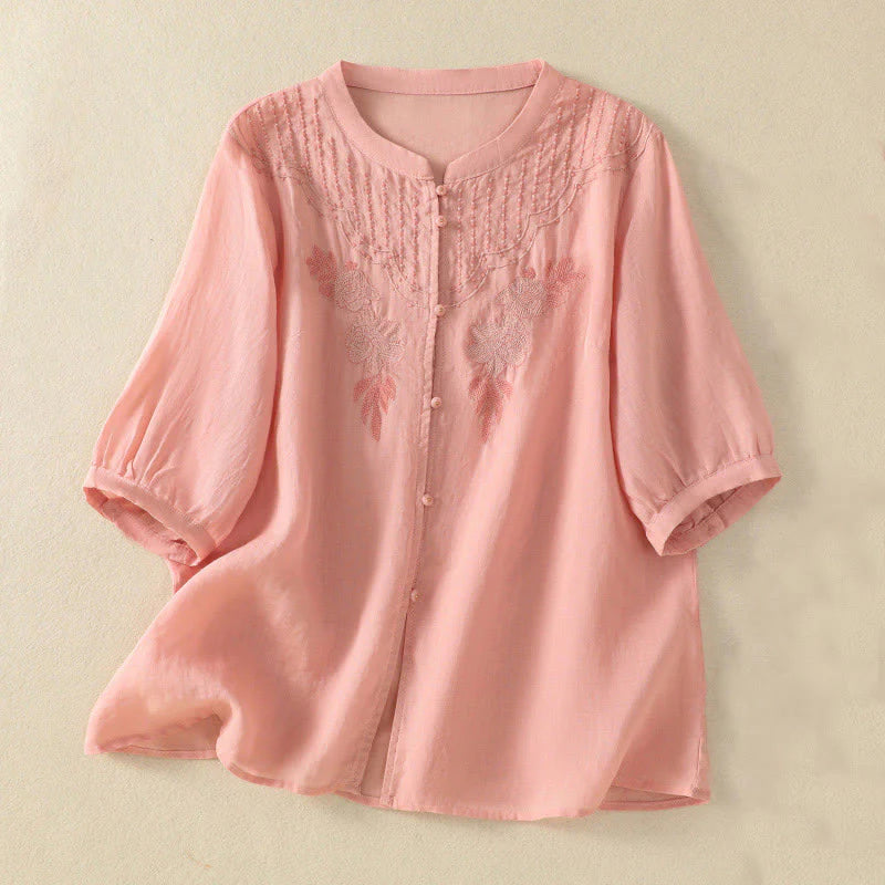 Buddha Stones Rose Floral Embroidery Button Half Sleeve Women's Cotton Shirt