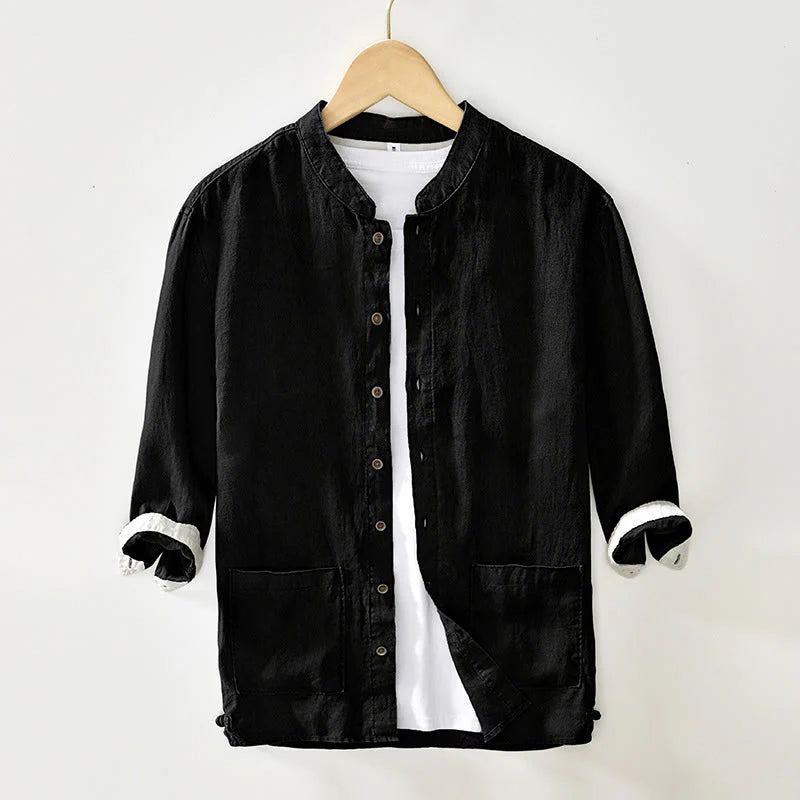Buddha Stones Fall Solid Color Buttons Down Stand Collar Three Quarter Sleeve Linen Men's Shirt With Pockets