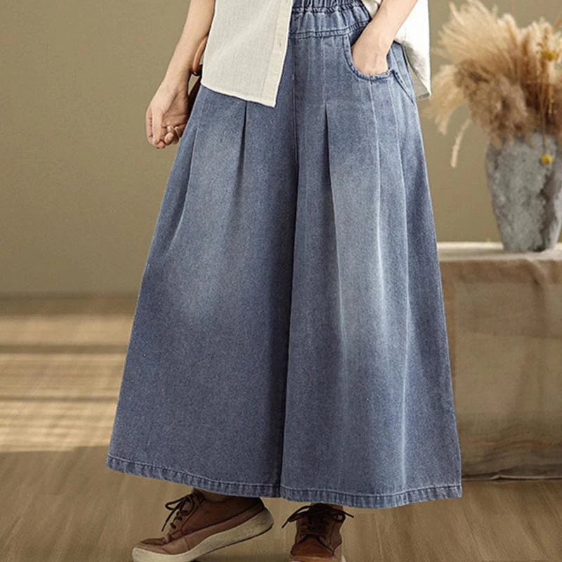 Buddha Stones Fall Vintage Distressed Design High Waist Women's Wide Leg Pants With Pockets