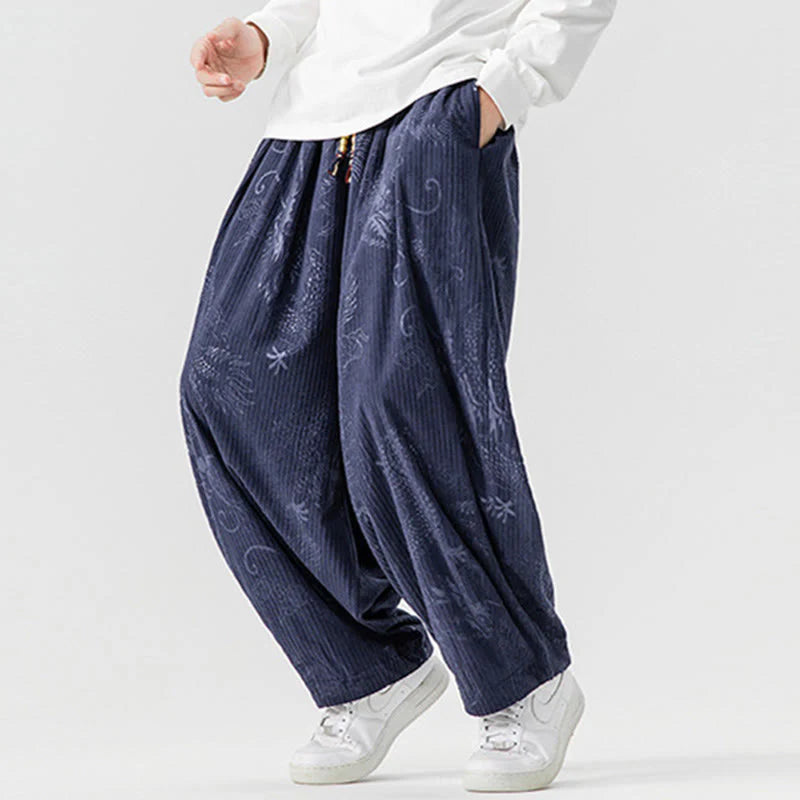 Buddha Stones Winter Dragon Phoenix Pattern Cotton Corduroy Men's Harem Pants With Pockets