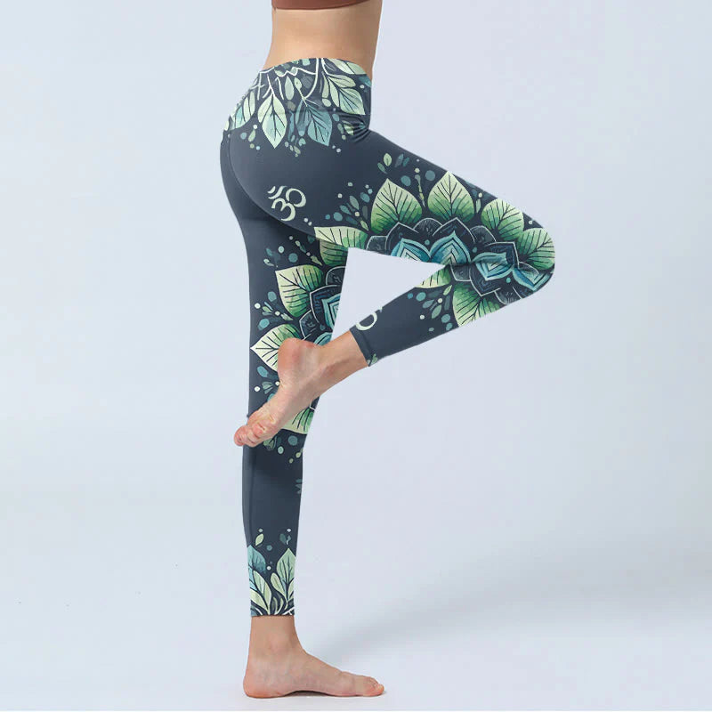 Buddha Stones Symmetrical Om Symbol Flower Pattern Print Gym Leggings Women's Yoga Pants