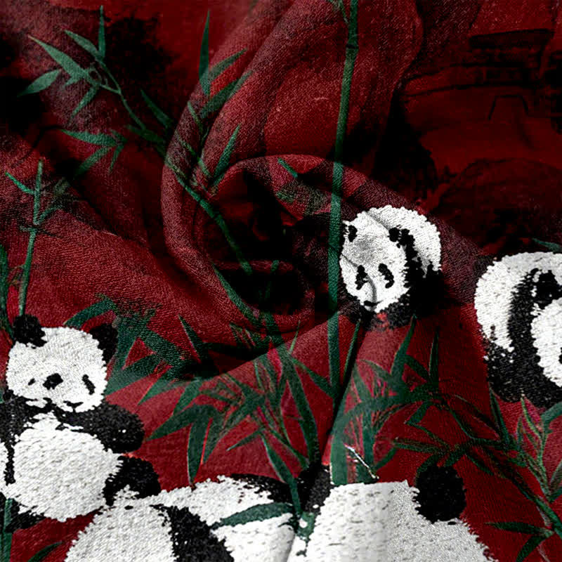 Buddha Stones Cotton Pandas Bamboo Print Elastic Waist Women's Pants With Pockets