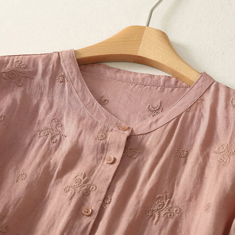 Buddha Stones Retro Embroidered Floral Short Sleeve Women's Buttons Shirt