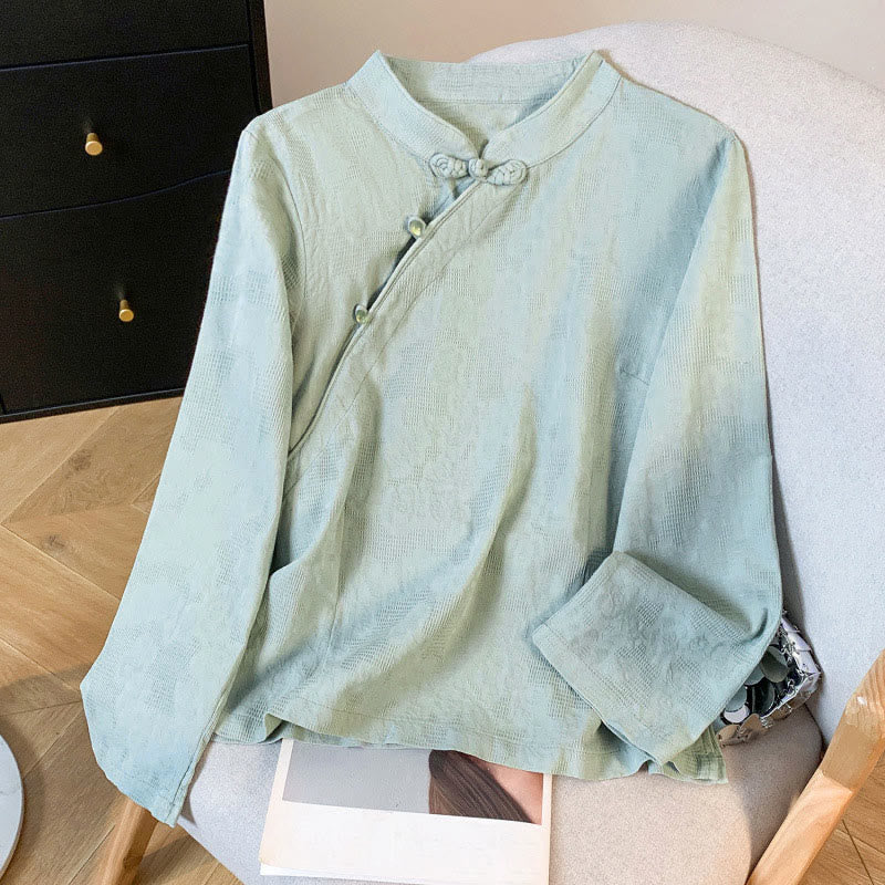 Buddha Stones Commute Jacquard Chinese Frog-Button Mandarin Collar Long Sleeve Women's Cotton Shirt