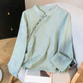Buddha Stones Commute Jacquard Chinese Frog-Button Mandarin Collar Long Sleeve Women's Cotton Shirt
