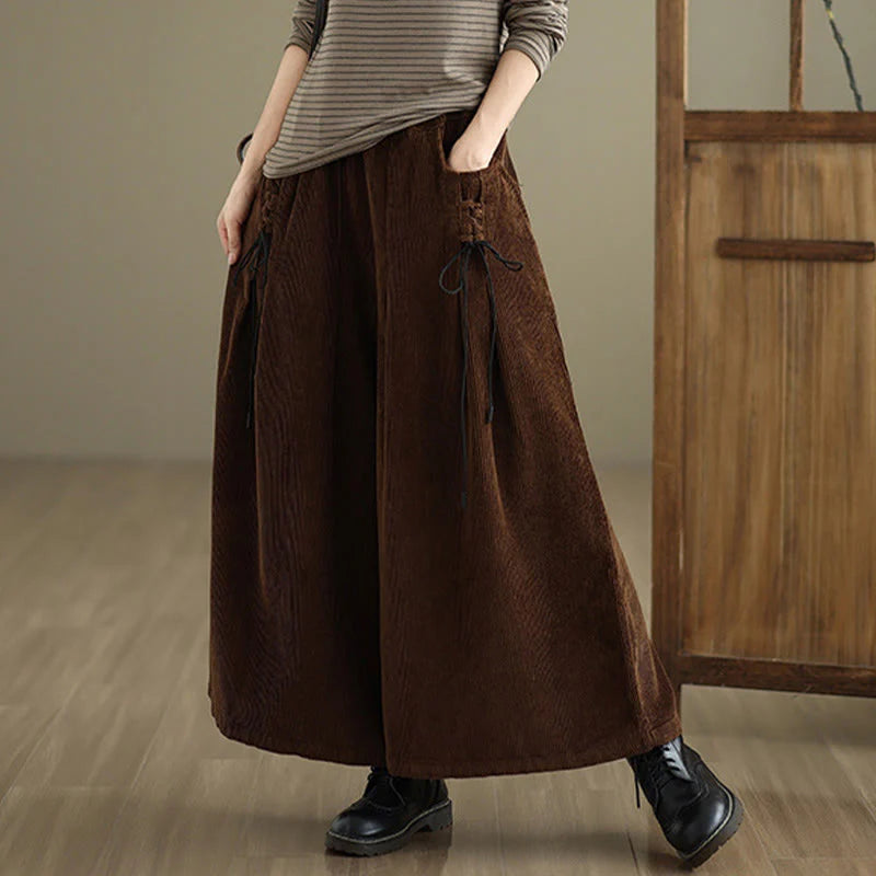 Buddha Stones Women's Pure Color Drawstring Design Wide Leg Corduroy Pants With Pockets