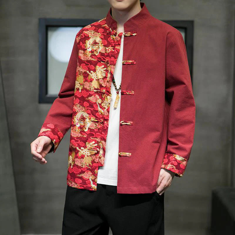 Buddha Stones Printed Color Contrast Dragon Pattern Frog-button Long Sleeve Men's Cotton Jacket