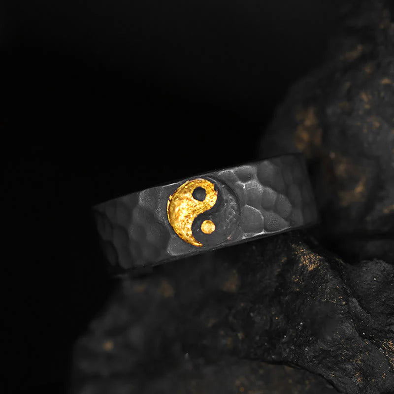 Buddha Stones Handmade 999 Sterling Silver 999 Gold Yin Yang Textured Balance Ring