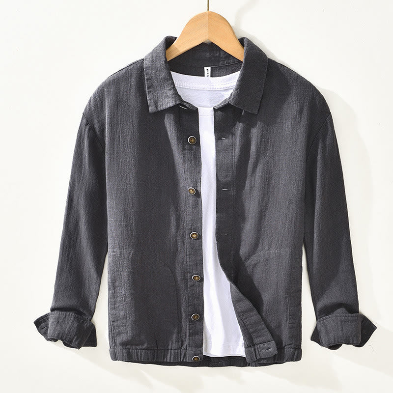 Buddha Stones Commute Plain Simple Buttons Design Men's Long Sleeve Ramie Linen Jacket With Pockets