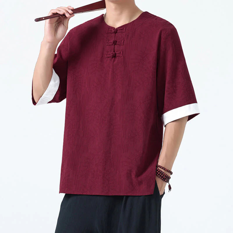 Buddha Stones Summer Flowers Grass Pattern Tang Suit Men's Frog-Button Half Sleeve Cotton Shirt